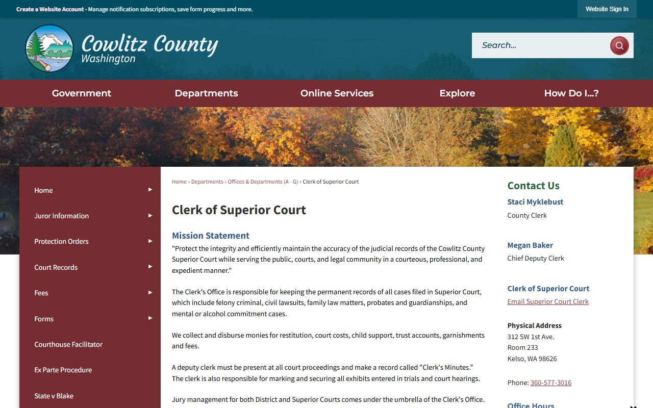 Cowlitz County Clerk of Superior Court criminal records