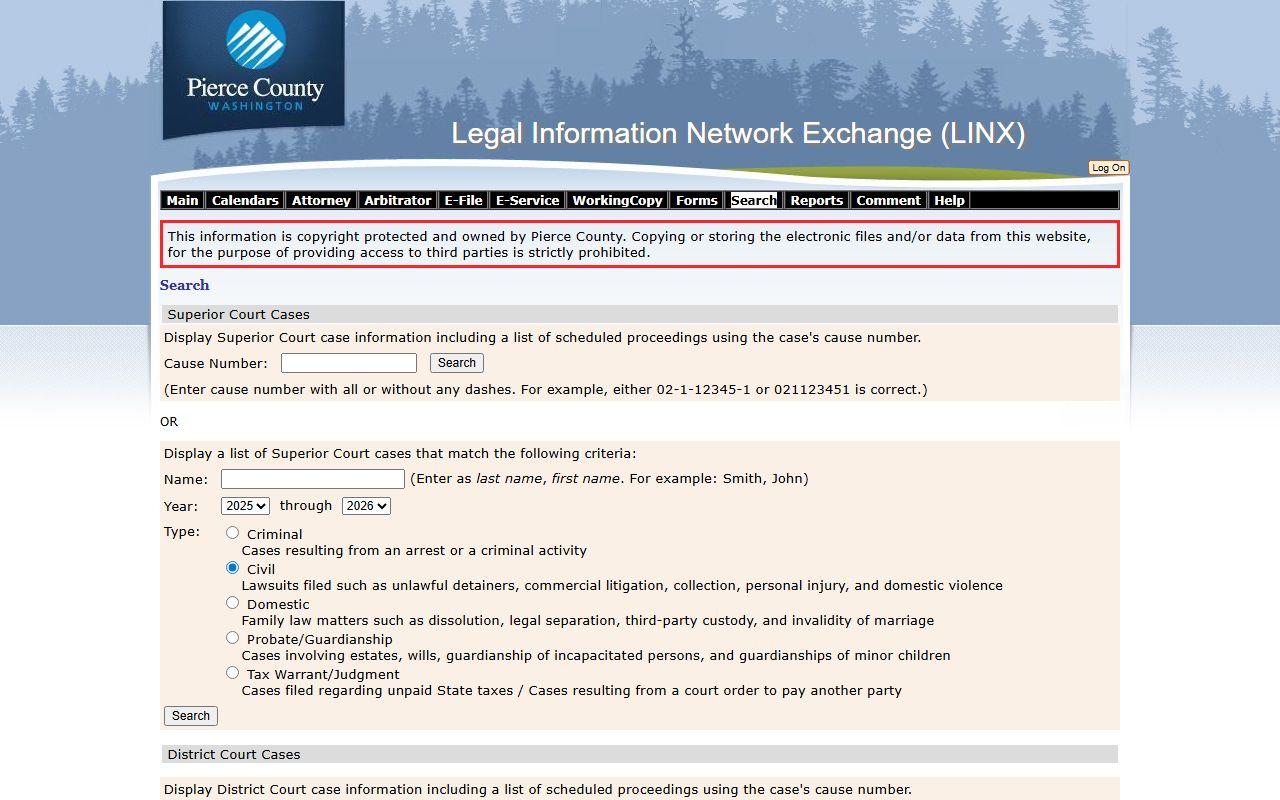Pierce County LINX online case search system for criminal records in Tacoma Washington