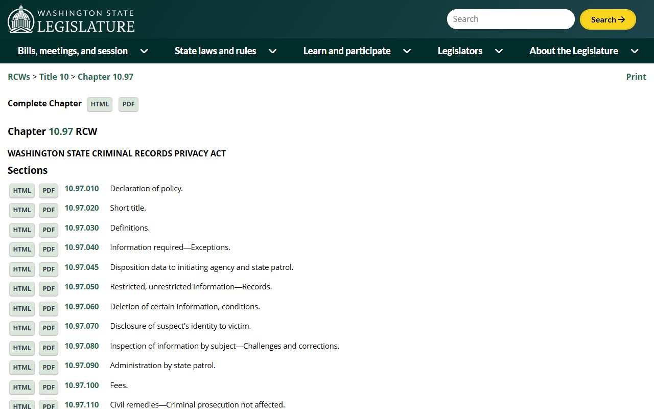 Washington Criminal Records Privacy Act RCW 10.97 page