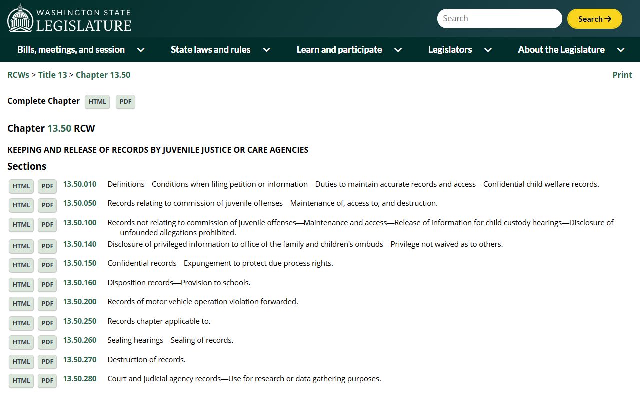 Washington juvenile records RCW 13.50 statute page