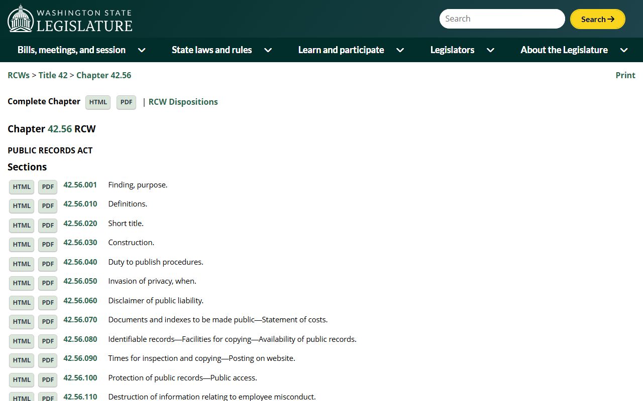 Washington Public Records Act RCW 42.56 legislative page