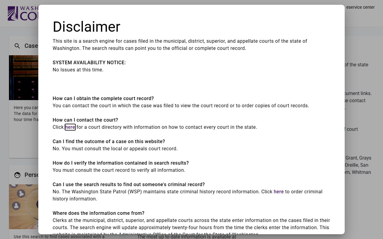Washington State courts case records search portal
